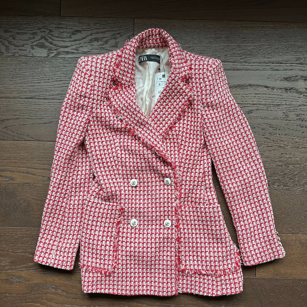 ZARA TEXTURED TWEED BLAZER RED S NWT